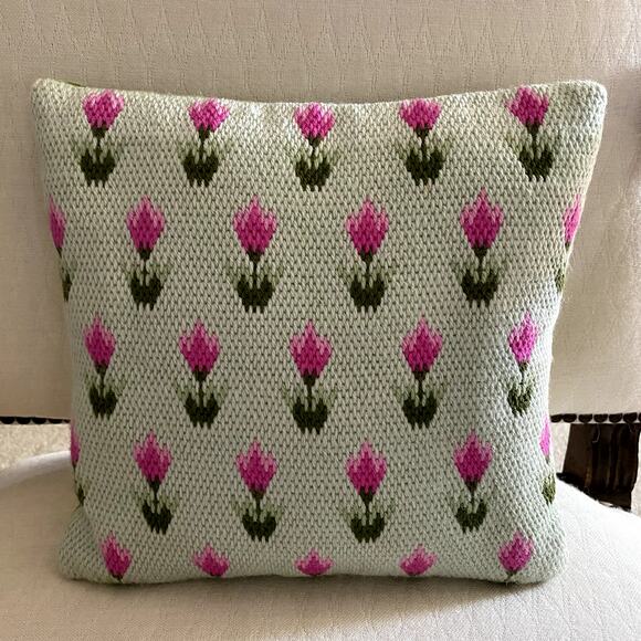 Green and Pink Needlepoint Type  Cushion Tulips - Picture 1 of 3